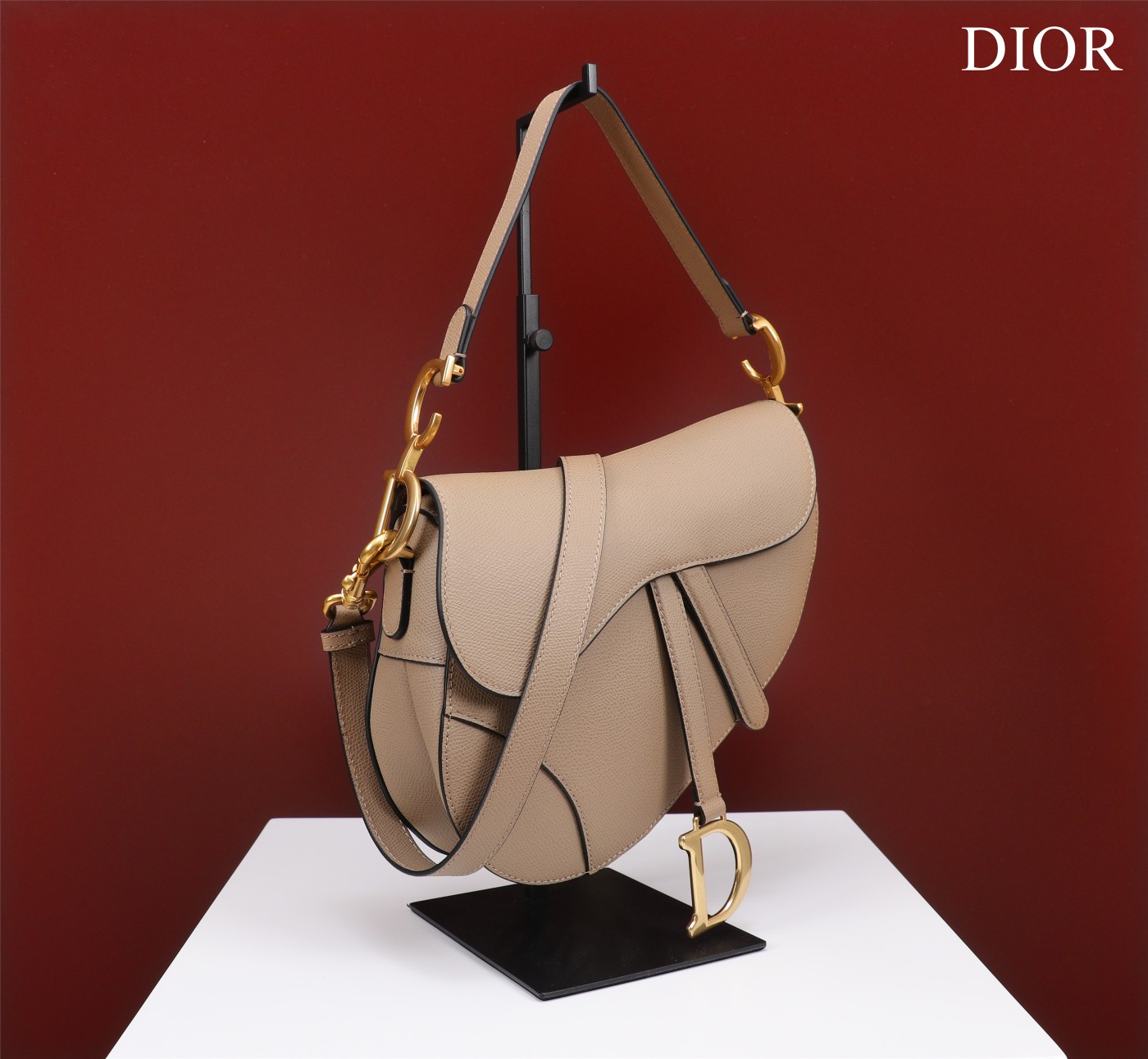 Saddle Bag with Strap Powder Beige Grained Calfskin